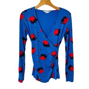 Boden V-Neck Poppy Floral Print 3/4 Sleeve Ruched Faux Wrap Shirt Top Sz 4 Blue